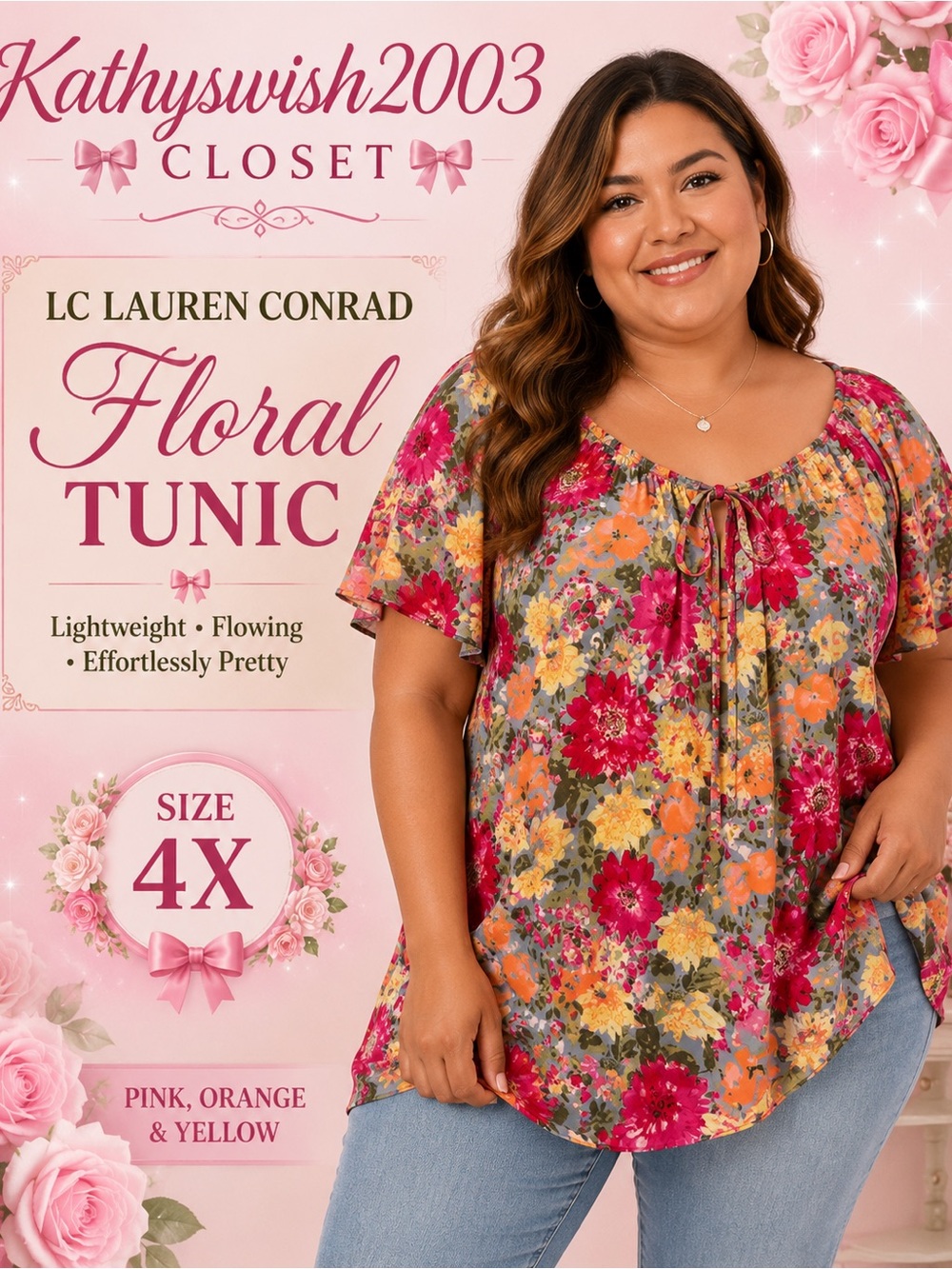 LC Lauren Conrad Floral Short-Sleeve Tunic in Pink, Orange & Yellow
